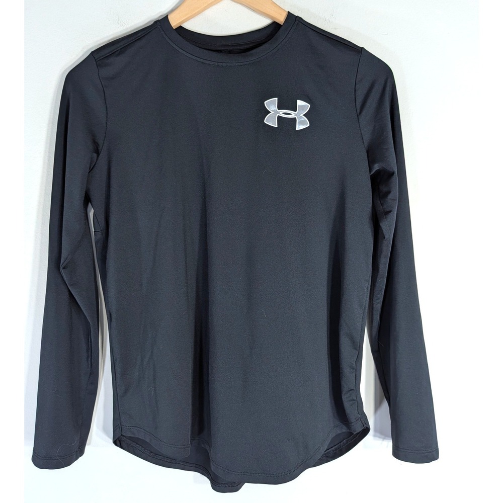 Under Armour Black Long Sleeve Shirt; Tape Logo Back Activewear Top